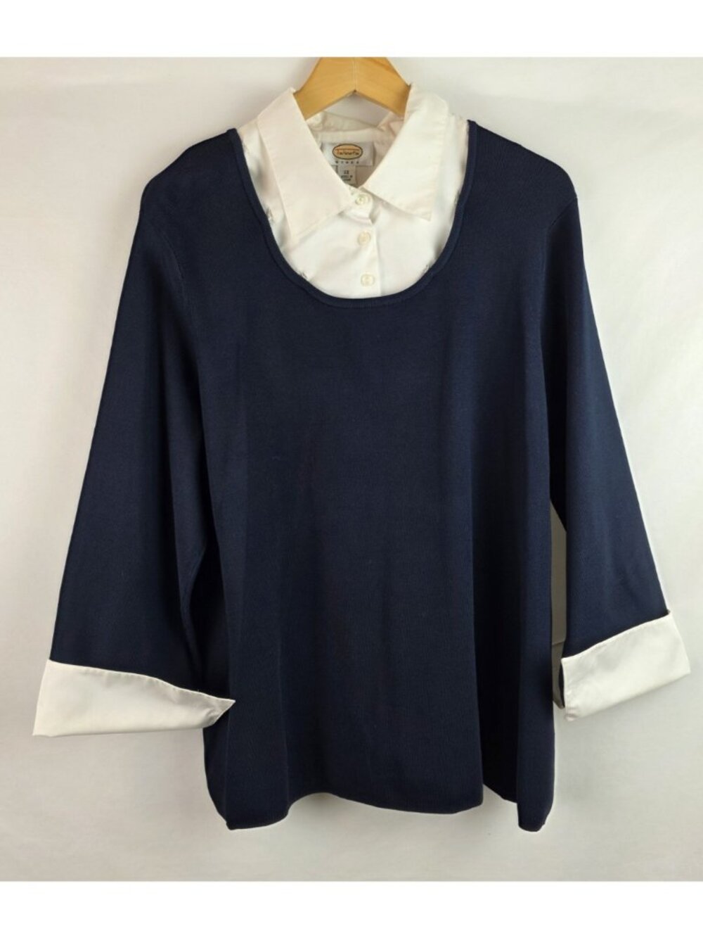 Talbots Womens Shirt Plus Size 2X Blue 3/4 Sleeve White Collar Layered Look Top